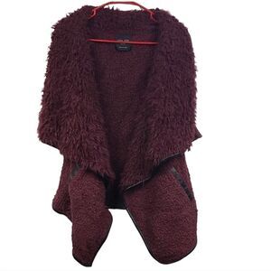 Love Tree Wool Faux Fur Sherpa Shearling Flyaway Open Front Vest Women's Maroon